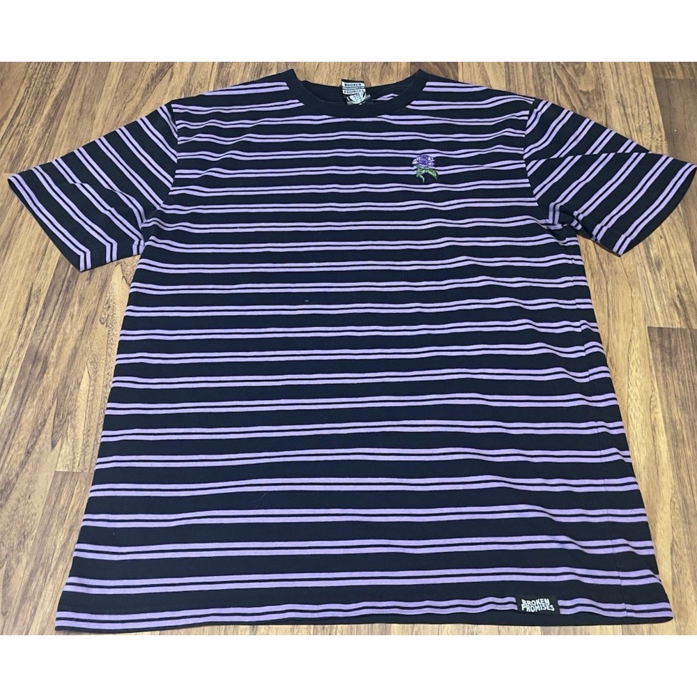 Broken Promises Shirt Mens XL Black Purple Stripe Rose Embroidered Tee
